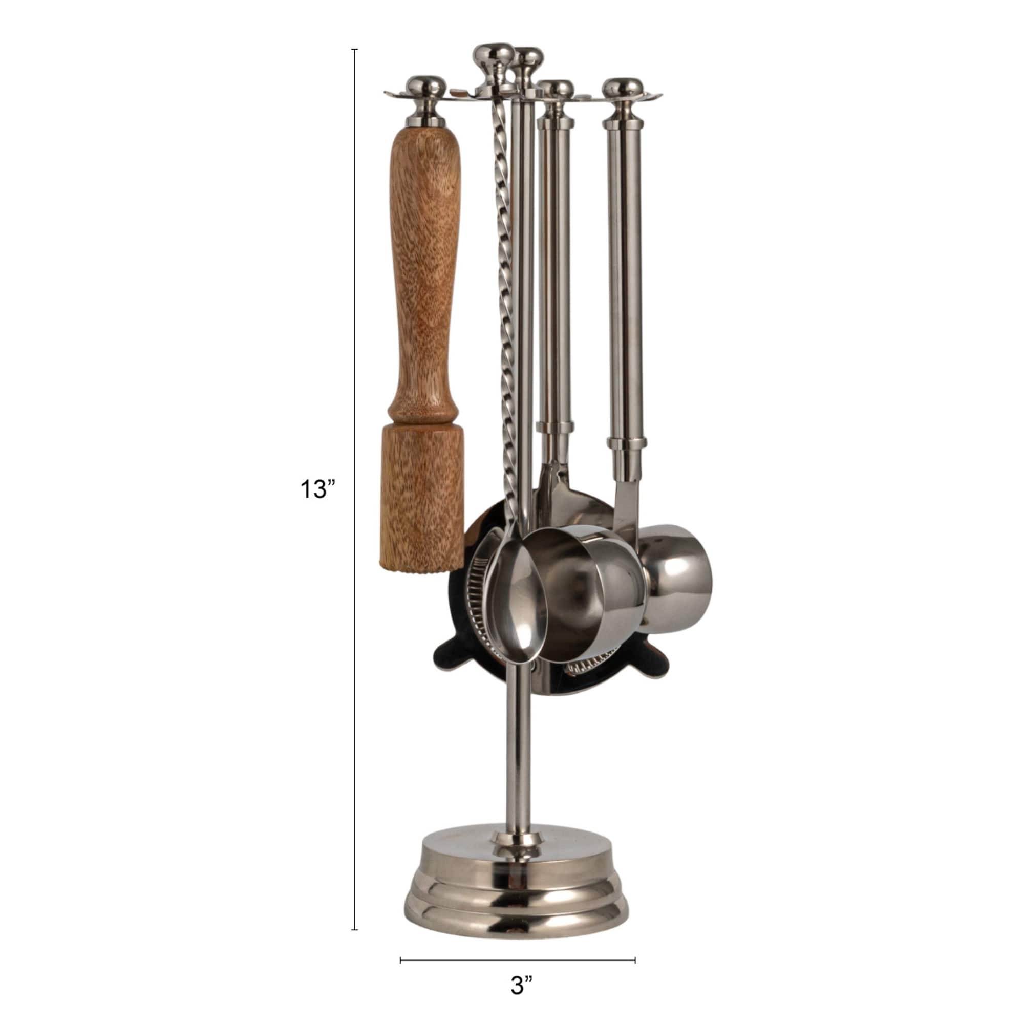Hello Honey 5-Piece Stainless Steel and Mango Wood Bar Tools with Stand, Nickel Finish and Natural